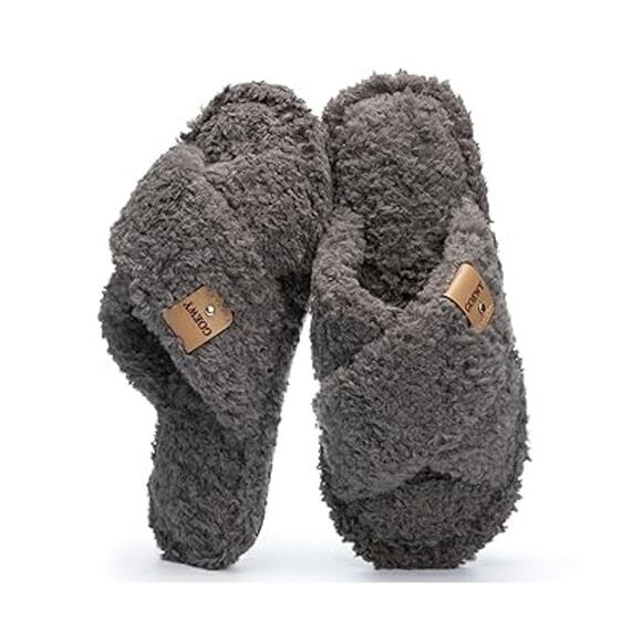 Goewy Womens Size 7-8 Gray Open Toe Fuzzy Memory Foam Slide On Slipper Shoes - Picture 1 of 5